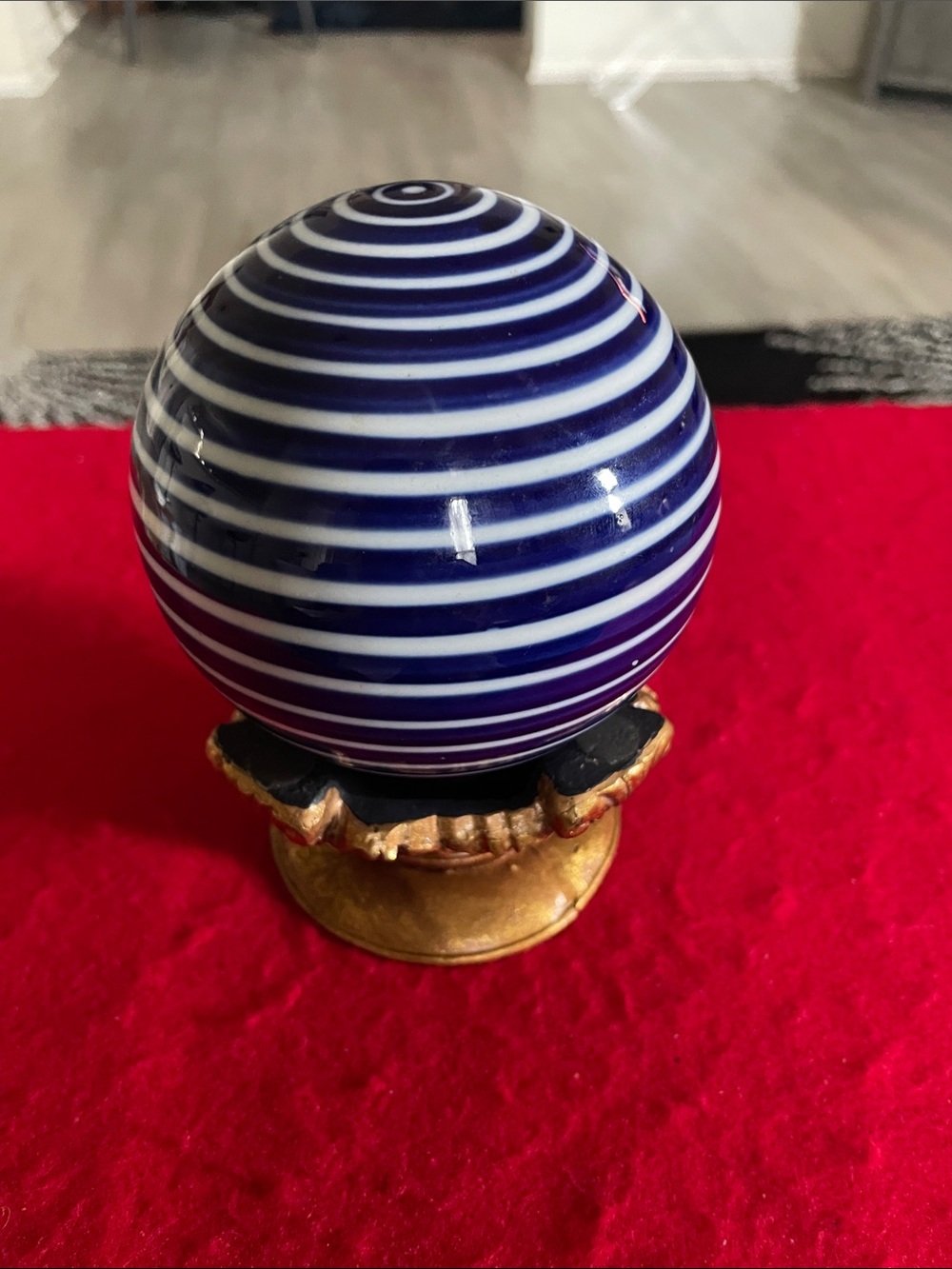 Vintage Porcelain Blue and White Striped Decorative Orb with Gold Stand